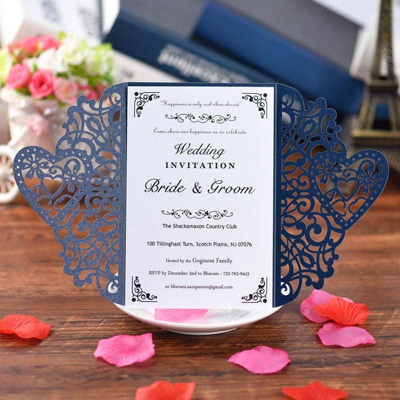 FOMTOR Laser Cut Wedding Invitations Kit 50 Packs Laser Cut Wedding Invitations with Blank Printable Paper and Envelopes for Birthday Parties (Navy Blue) - Image 3